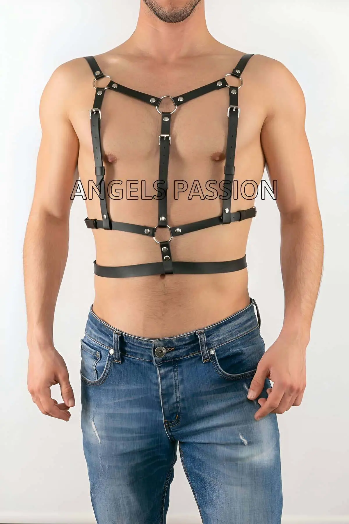 Siyah Deri Metal Halkalı ve Tokalı Erkek Harness SHM40
