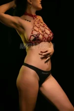 Red Leather Harness with Diamond Pattern Detail on the Chest