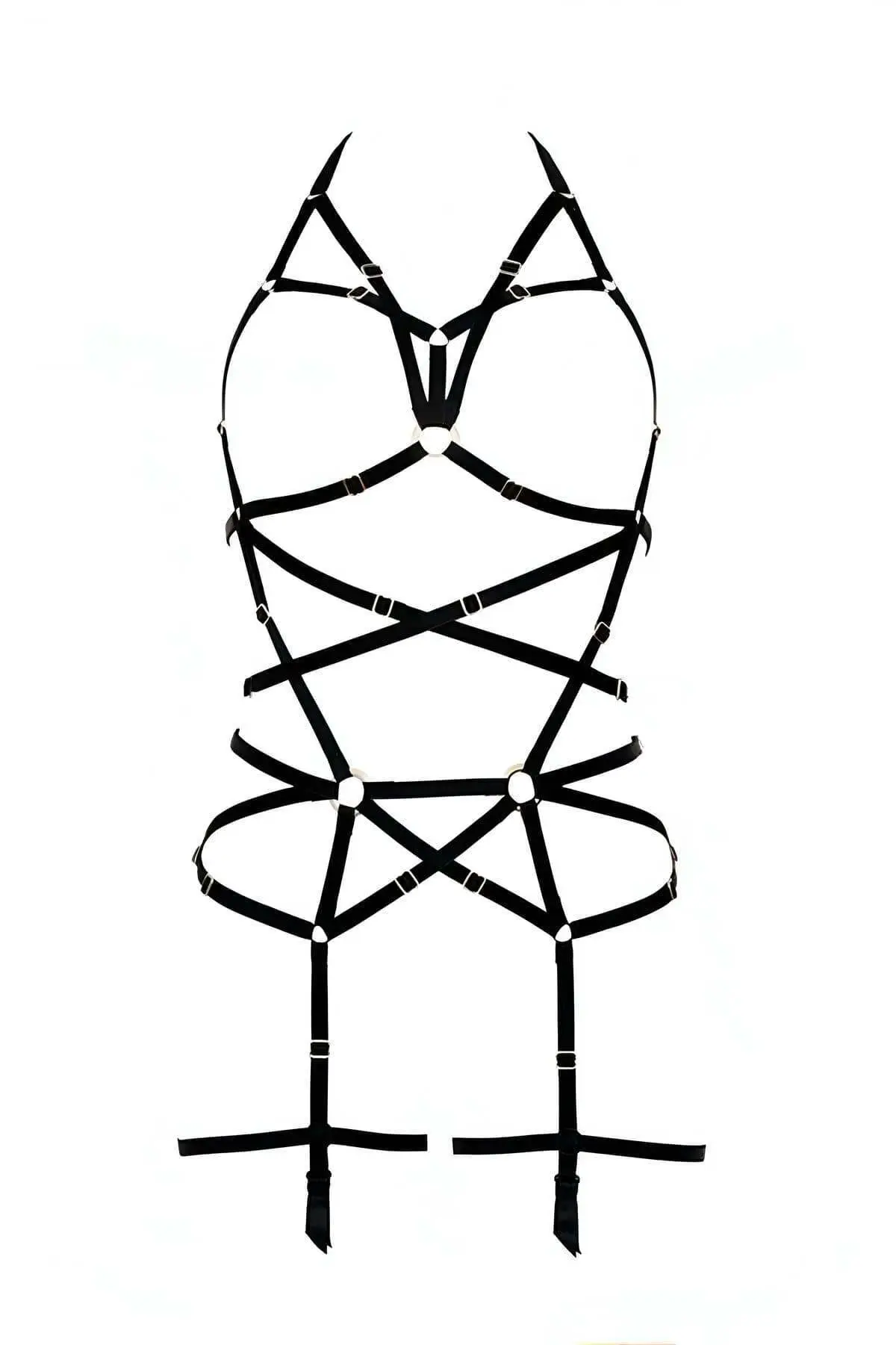 Siyah Halka Detaylı Şeritli Jartiyerli Body Harness SH348