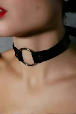 Siyah Deri Gümüş Metal Halkalı Choker SH684 - Image 2