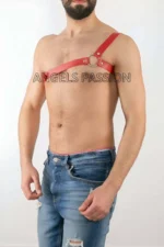 Kırmızı Deri Halka Detaylı Tek Omuz Erkek Harness SHM3
