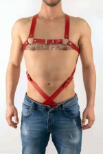 Kırmızı Deri Metal Halkalı ve Tokalı Erkek Harness SHM4