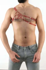 Kırmızı Deri Halka Detaylı Tek Omuz Erkek Harness SHM14 - Image 2