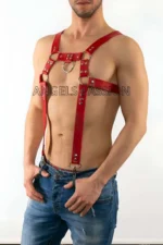 Kırmızı Deri Gümüş Halkalı ve Zımbalı Erkek Harness SHM23 - Image 2