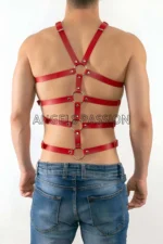 Kırmızı Deri Metal Halkalı ve Tokalı Erkek Harness SHM54 - Image 2