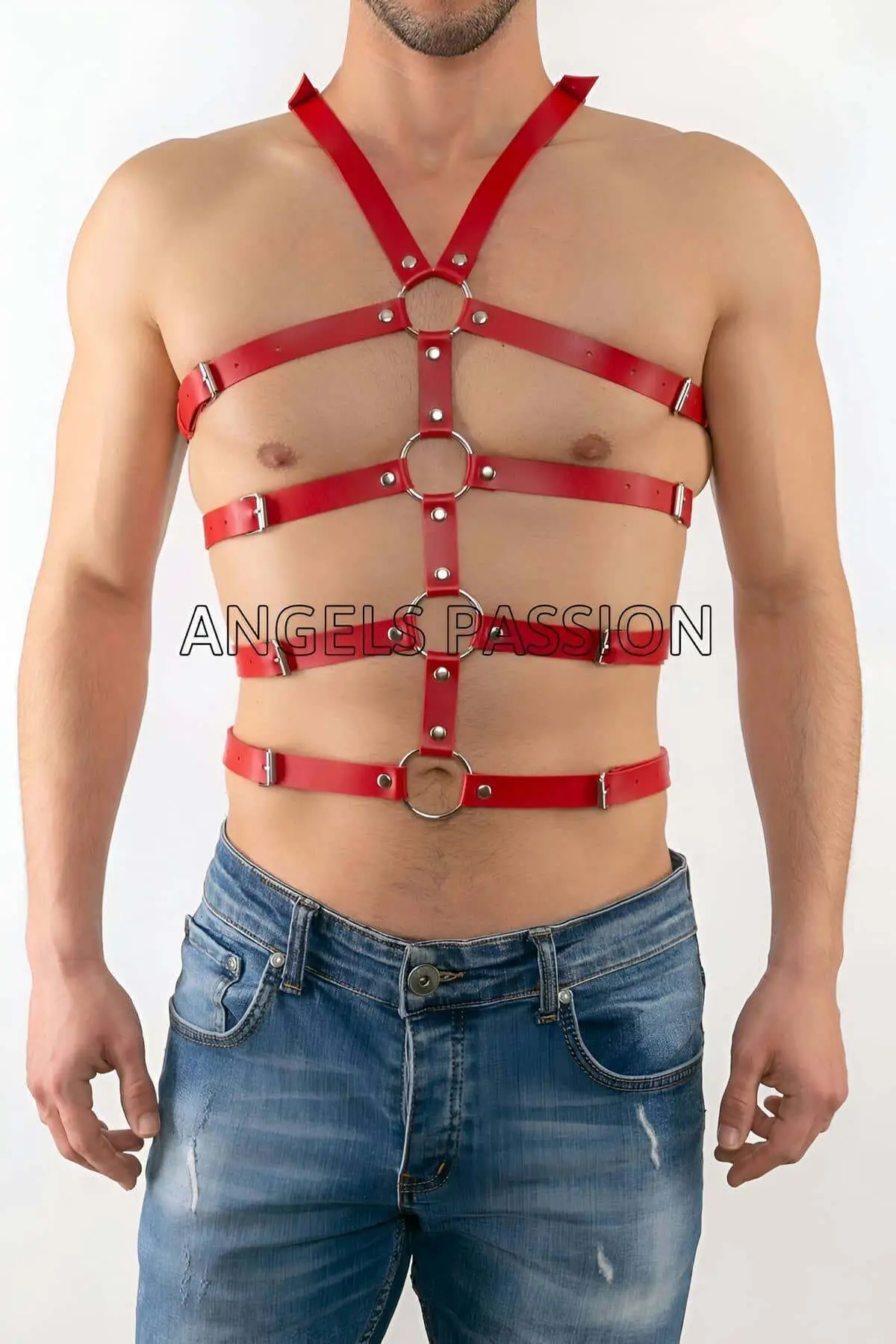 Kırmızı Deri Metal Halkalı ve Tokalı Erkek Harness SHM54