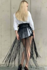 Püskül Detaylı Yüksek Bel Deri Etek SH1003 - Image 2