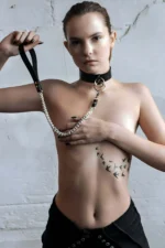 Siyah Deri Gümüş Halka ve Zincir Detaylı Choker Tasma SH246 - Image 2