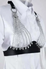 Gümüş Zincirli Siyah Deri Göğüs Harness SH964 - Image 5