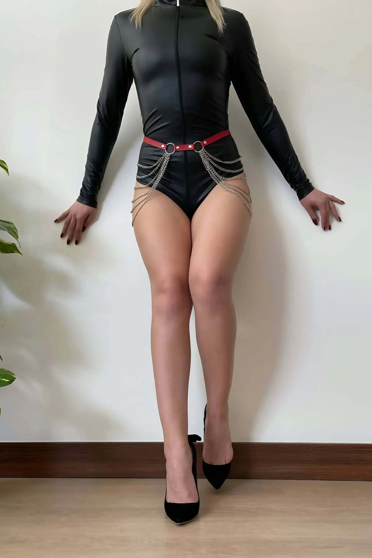 Red Leather Belt with Chain