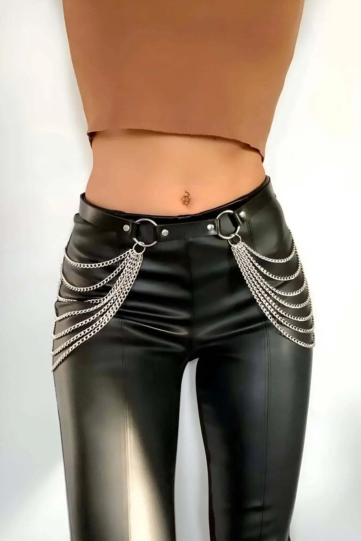 Black Leather Belt with Chain, Chain Waist Accessory - SH391
