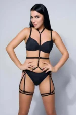 Siyah Boyundan Bağlamalı Halka Detaylı Vücut ve Bacak Harness