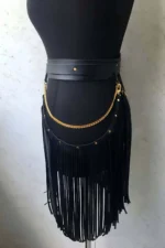 Siyah Deri Altın Zincir Detaylı Püsküllü Harness Etek SH1002 - Image 3