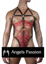 Siyah Kırmızı Deri Bantlı Metal Halka Detaylı Çapraz İpli Erkek Harness SHM63