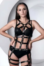 Siyah Deri Halka Detaylı Jartiyerli Tam Vücut Harness SH1295 - Image 2