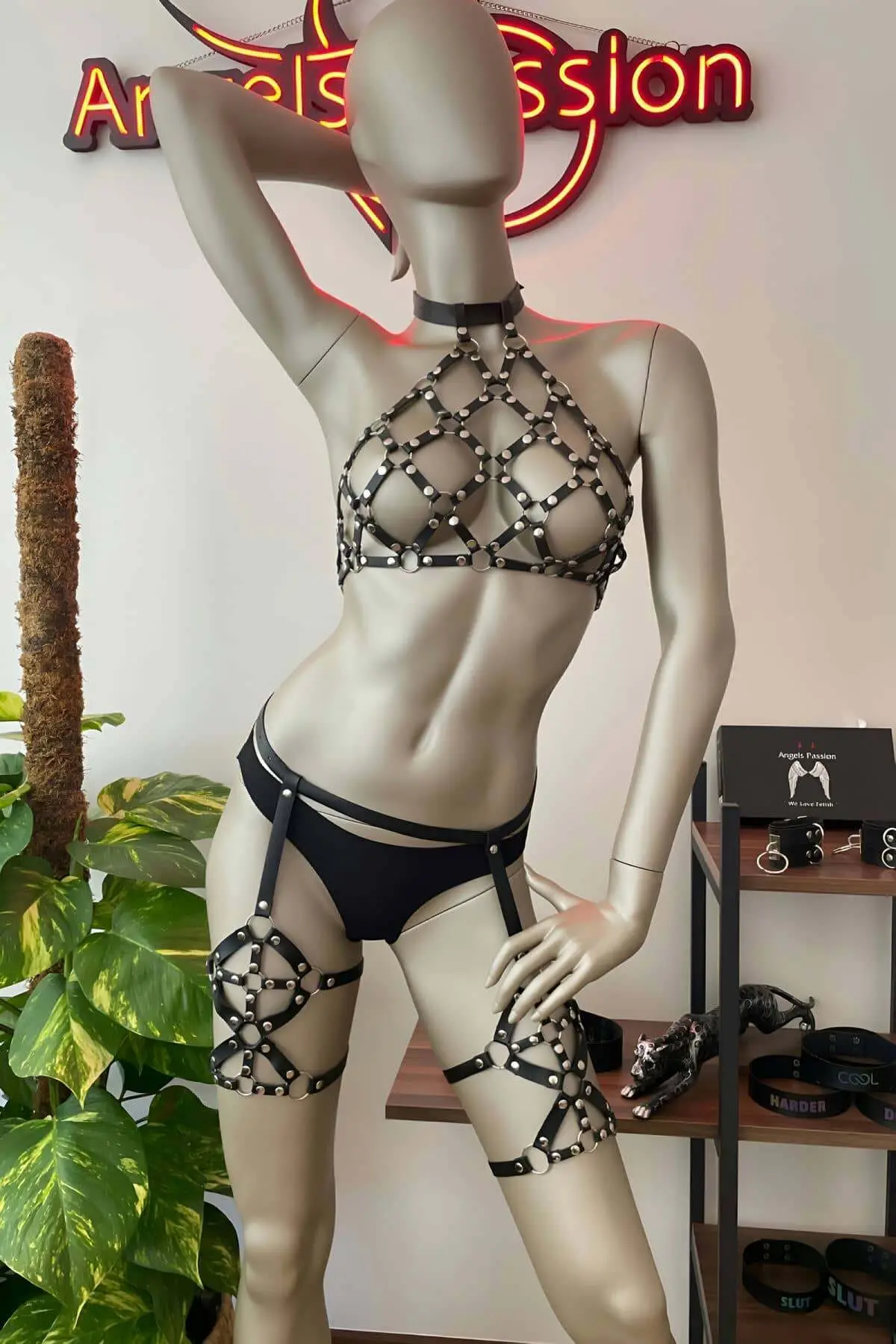 Fantasy Lingerie Black Leather Garter Set - SH460