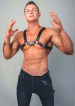 Siyah Deri Halka ve Perçin Detaylı Erkek Göğüs Harness SHM52