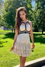 Dress with Chest Detail and Shoulder Strap, Elegant Thin Leather Belt - SH646