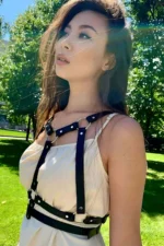 Dress with Chest Detail and Shoulder Strap, Elegant Thin Leather Belt - SH646 - Image 2