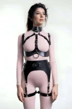 Open-Chest Leather Garter Harness Set with Rings - SH1231