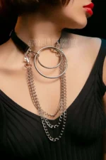 Gümüş Çift Halka ve Çoklu Zincir Detaylı Siyah Choker Kolye SH592 - Image 2
