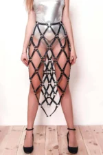 Halka Detaylı Siyah Deri Kafes Harness Etek SH982 - Image 5