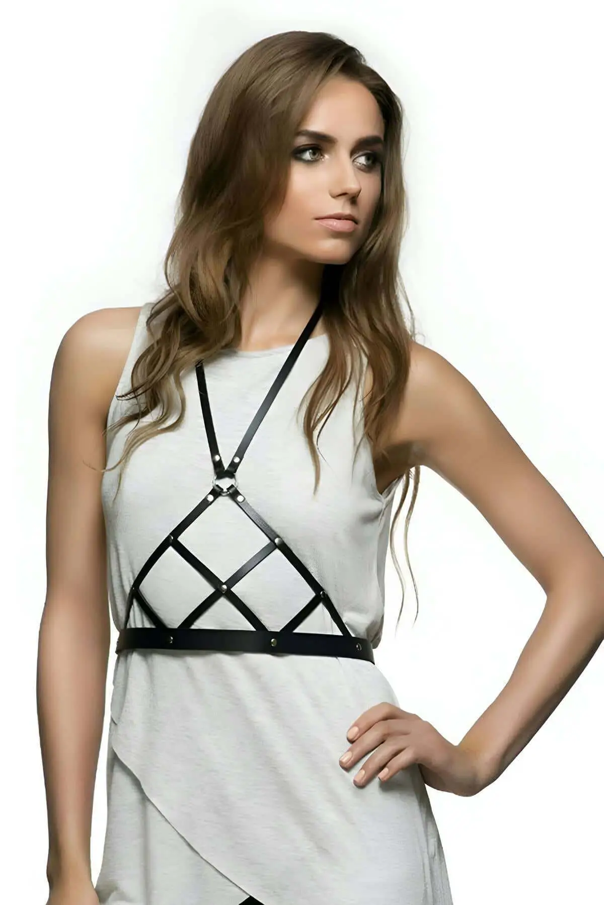 Elegant Dress with Square Detail and Leather Accessory - SH187