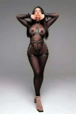 Open Mesh Harness Panties and Breast Harness Set with Handcuff Detail - SH1191