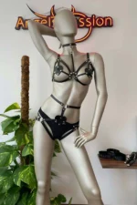 Heart Detail Black Leather Garter Harness Bra Set