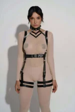 Siyah Deri Choker ve Kemer Detaylı Bacak Bantlı Body Harness SH1301