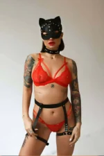 Sexy Leather Mask, Collar and Garter Harness Set - SH783