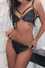 Tasseled Stylish Bra and Panty Harness Set, Fantasy Leather Bra Set - SH1326