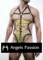 Siyah Deri Metal Halkalı ve Neon Sarı İp Detaylı Erkek Harness SHM62