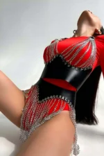 Stylish Leather Skirt and Bustier Set with Chain Detail - SH994