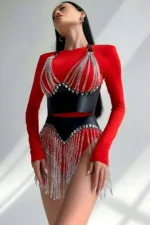 Stylish Leather Skirt and Bustier Set with Chain Detail - SH994 - Image 3