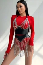 Stylish Leather Skirt and Bustier Set with Chain Detail - SH994 - Image 2