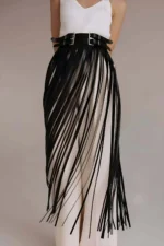 Yüksek Bel Püsküllü Deri Etek SH1090 - Image 2