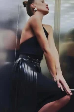 Siyah Püsküllü Uzun Deri Etek SH637 - Image 5