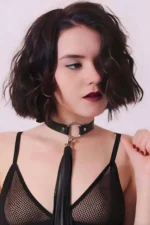 Siyah Deri Püsküllü ve Perçin Detaylı Choker Tasma SH1236 - Image 2