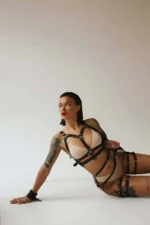 Sexy Shoulder Strap Fantasy Leather Top and Bottom Set - SH719 - Image 2