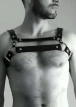 Siyah Deri Halka Detaylı Paralel Şeritli Erkek Harness SHM9 - Image 4