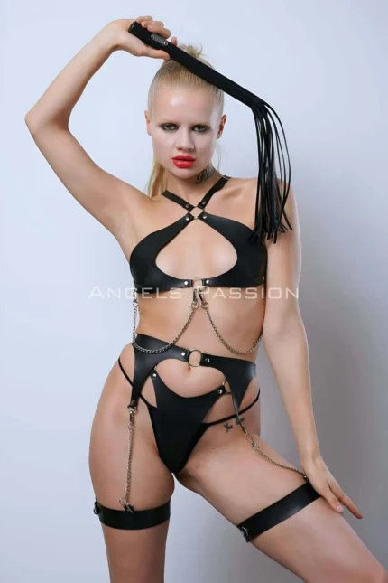 Leather Garter Harness Set, Leather Bra Set, Leather Fantasy Lingerie with Whip - SH1363