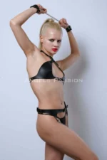 Fantasy Leather Lingerie, Leather Handcuffs and Waist Harness Set - SH885 - Image 5