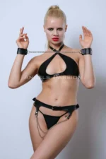 Fantasy Leather Lingerie, Leather Handcuffs and Waist Harness Set - SH885 - Image 2