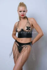 Chain-Detailed Bustier and Skirt Set, Stylish Leather Skirt and Bustier - SH994