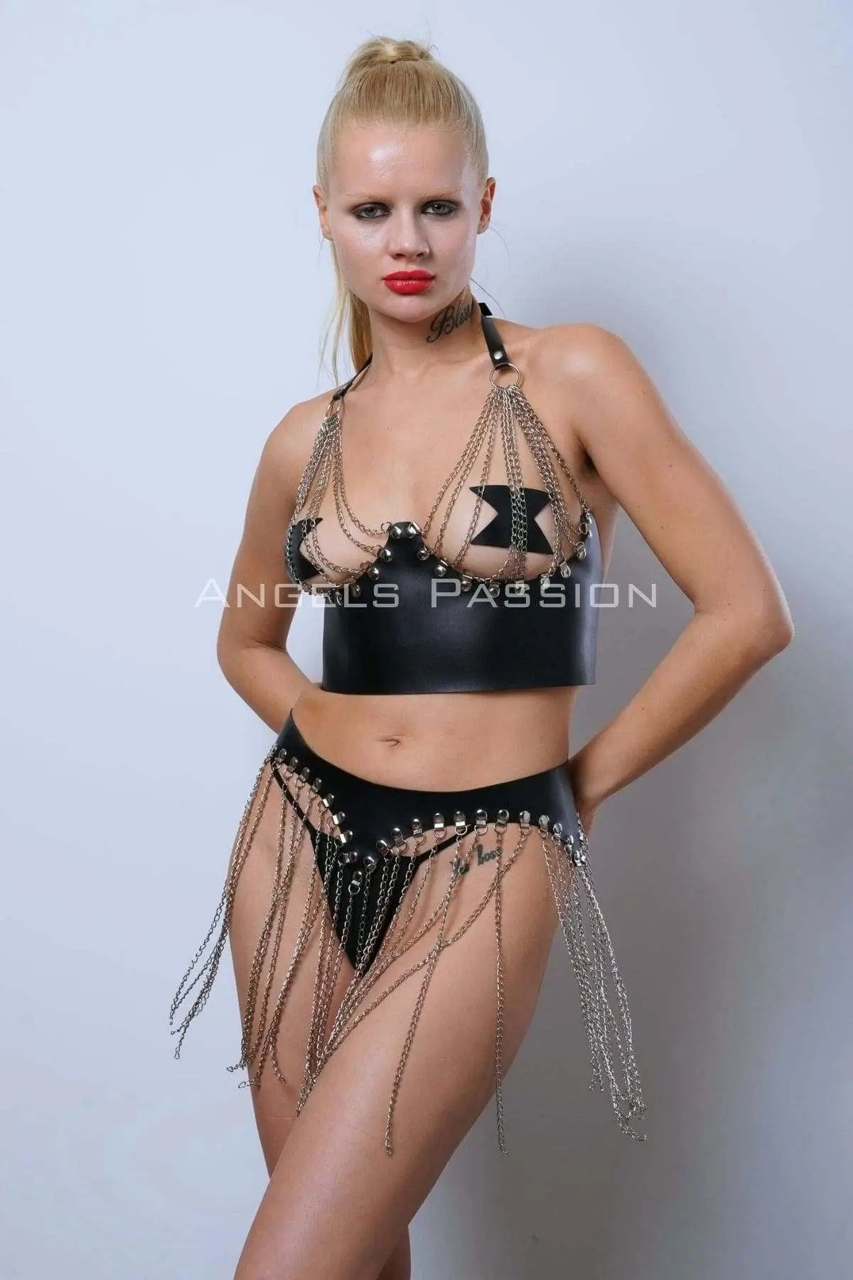 Chain-Detailed Bustier and Skirt Set, Stylish Leather Skirt and Bustier - SH994