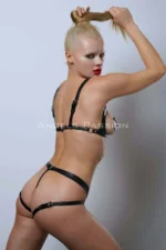 Elegant Leather Bra and Harness Set with Open Bust, Fancy Leather Lingerie - SH1101 - Image 4