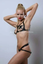 Elegant Leather Bra and Harness Set with Open Bust, Fancy Leather Lingerie - SH1101 - Image 5