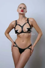 Elegant Leather Bra and Harness Set with Open Bust, Fancy Leather Lingerie - SH1101 - Image 2