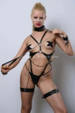 Leather Fantasy Lingerie with Collar, Women's Leather Underwear, Partywear - SH1225 - Image 11